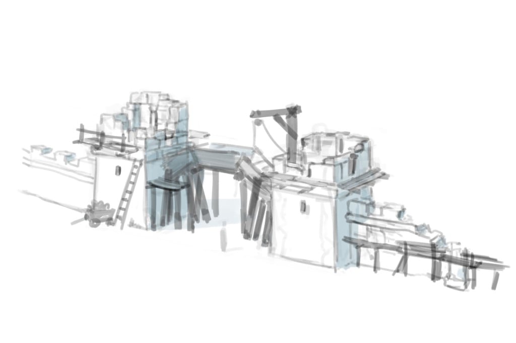 Concept sketch of a medieval fortification under construction with scaffolding and wooden structures.