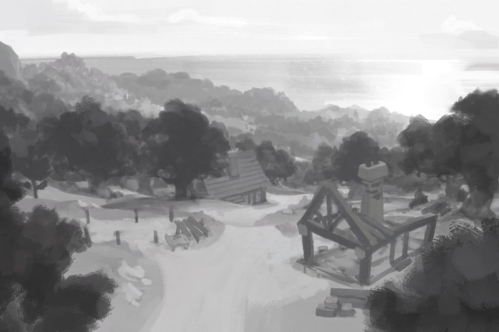 Grayscale environment concept painting of a rustic hillside settlement with cottages and a distant coastline.