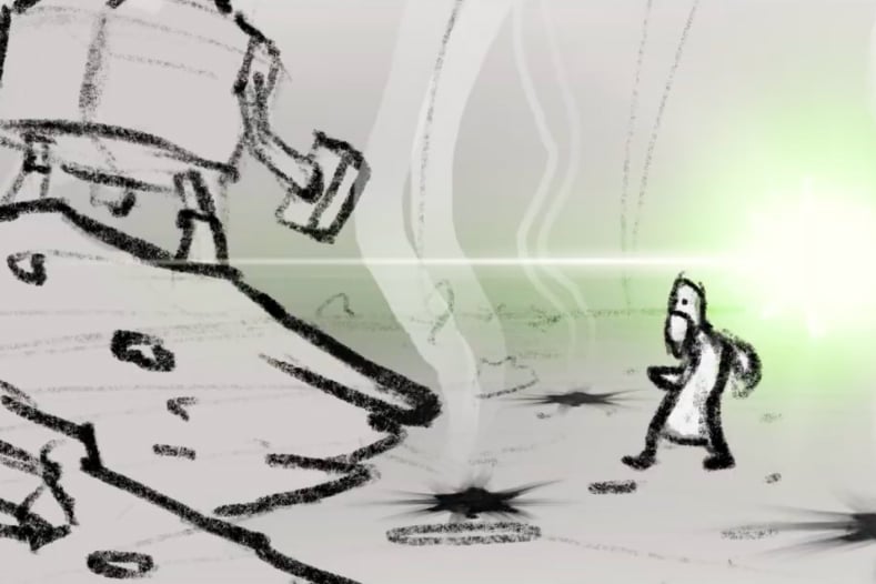 Previs storyboard frame — figure facing a mechanical structure with a green light pass.